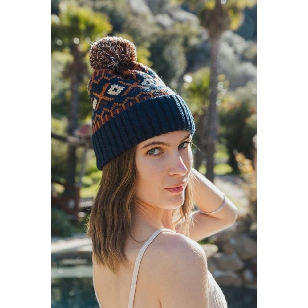 Tribal‎ Pattern Knit Beanie With Pom-Pom